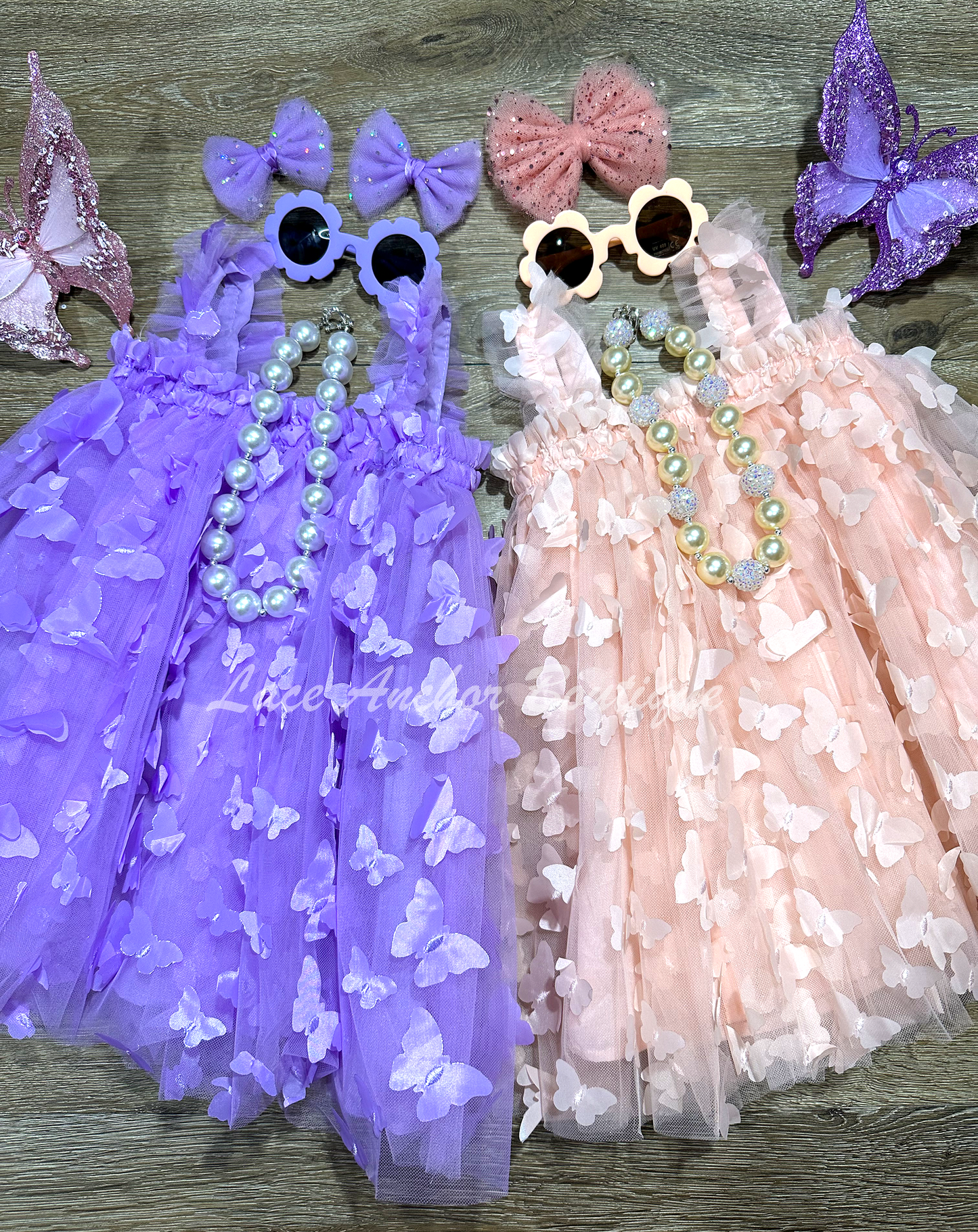 tulle girls dress with ruffled straps and embroidered butterflies all over. Toddler girl tutu dress in blush light pink and lilac purple