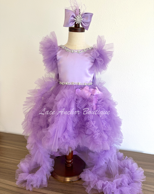 lilac purple toddler girls butterfly and ruffled short tulle dress with detachable long train and ruffled sleeves with large bow on back and rhinestone trim