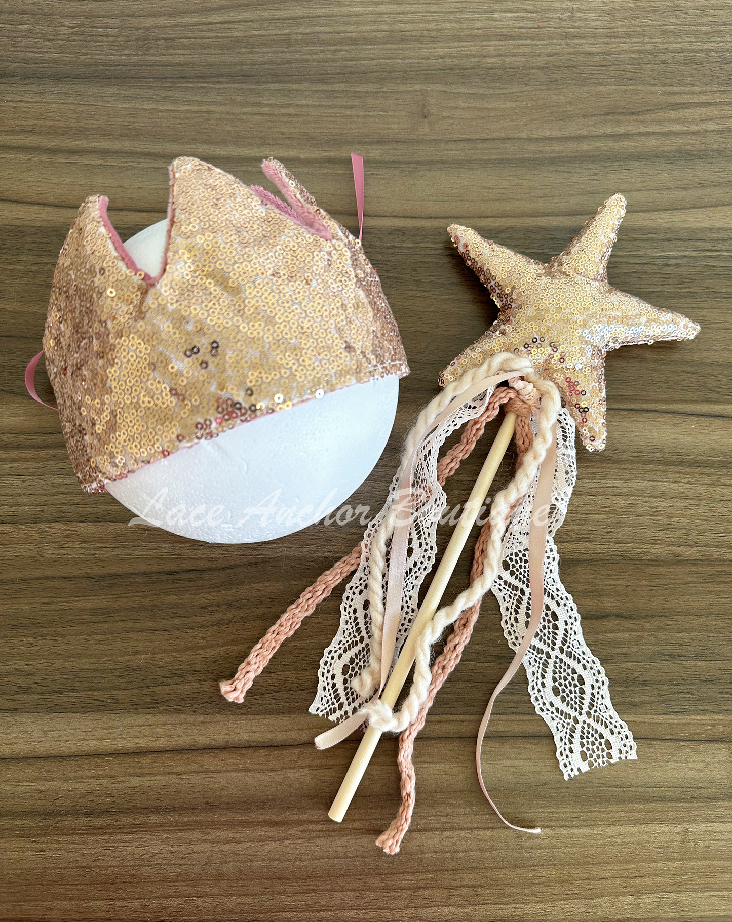 soft sequin birthday party girls tied crown and want sets. Star shaped wands ands with lace, ribbons, and yarn.