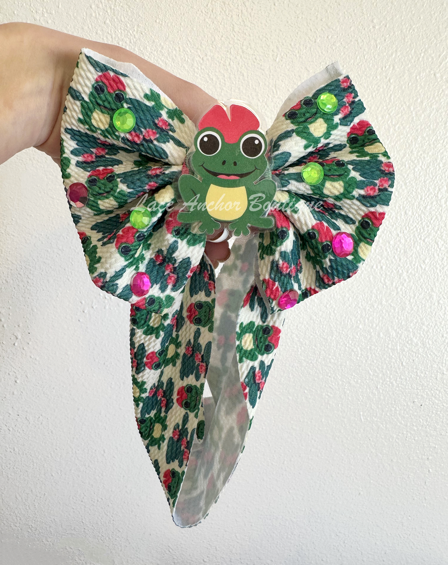 Frog Print Bling girls Hair Bow wrap with hot pink and green rhinestones and with girly bow wearing toad frog center