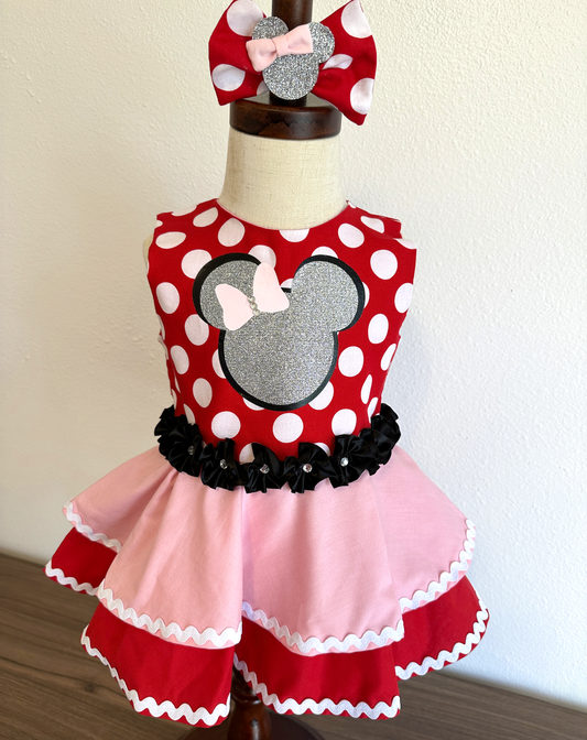 Toddler girls mouse polka dotted dress for pageant or second birthday party photoshoot. Red and pink floral baby girls dress.