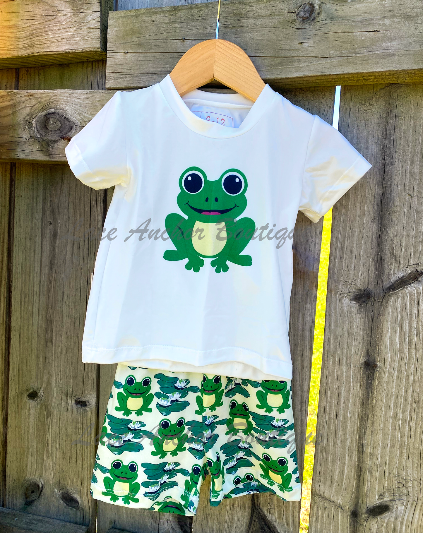 Boys Original Custom Green and White Frog Print Design Tee & Short Set - T-Shirt and Elastic Short