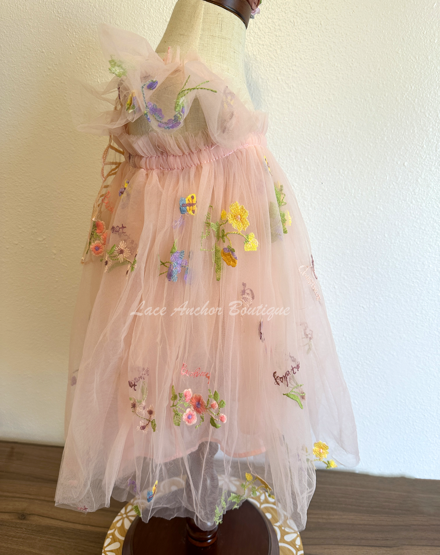 light peach girls floral embroidered tulle dress with embroidered fairy wings