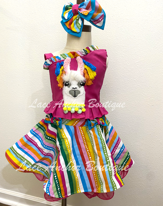 rainbow colored one shoulder sleeveless peplum top and skater skirt pageant outfit set. Custom handamde pink llama with tassels, hand beaded, pom poms.