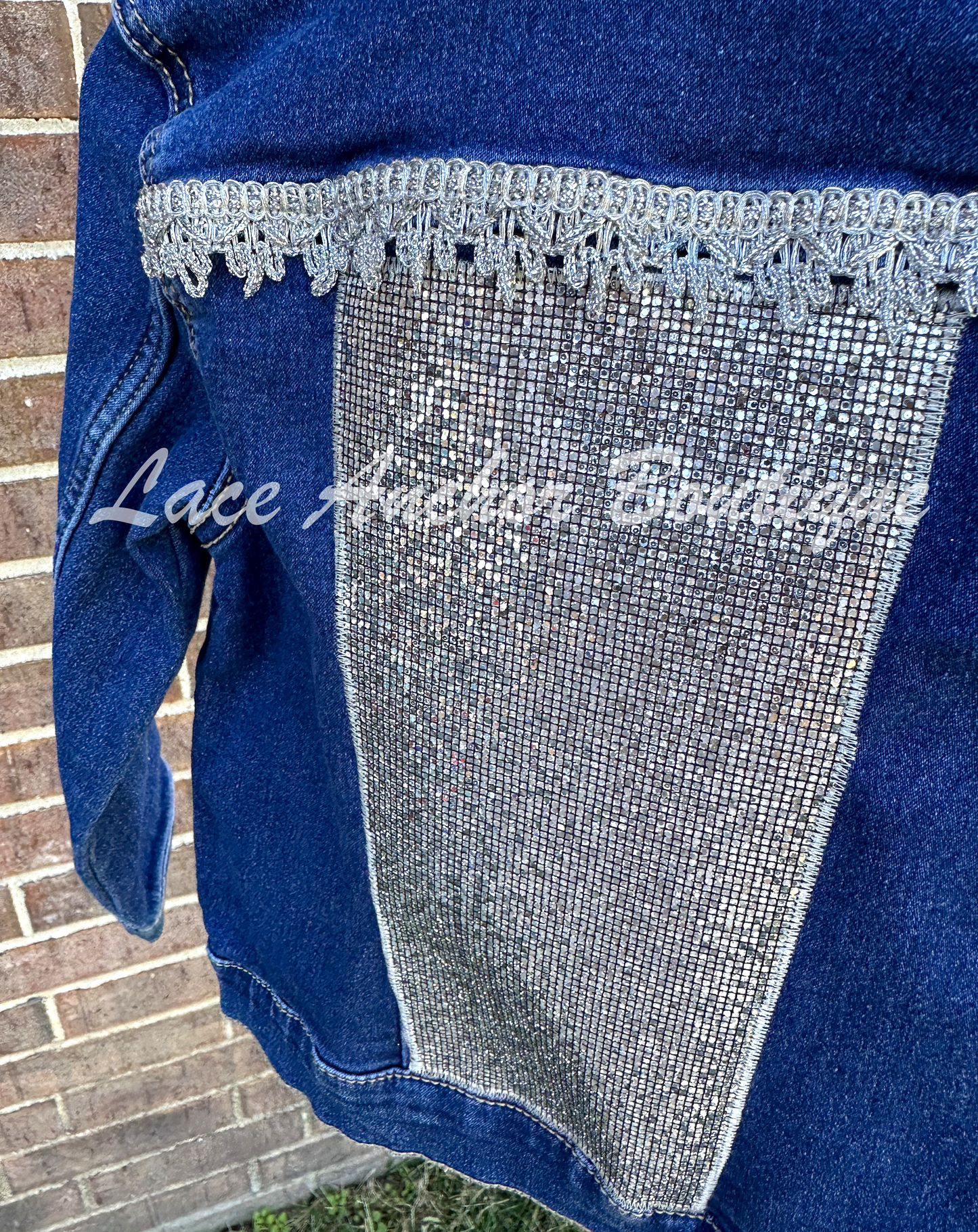 custom handmade upcycle toddler girls denim jacket withsilver disco faux leather patch and silver emboidered trim.
