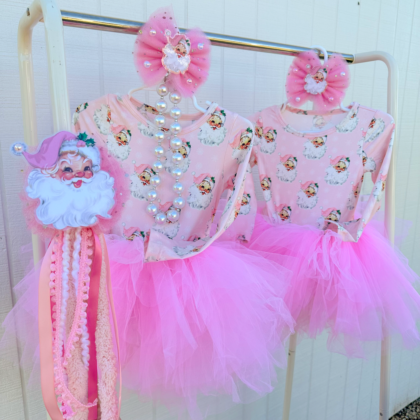 Santa Claus themed pink girls tutu dress with pink tulle skirt and long sleeves