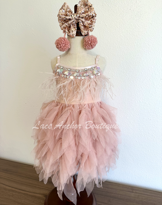 mauve rose pink fringe layered ruffled tulle skirt girl dress. Girls birthday princess dress with feathers, rhinestones, and sequins for toddlers. Youth party outfit with adjustable straps.