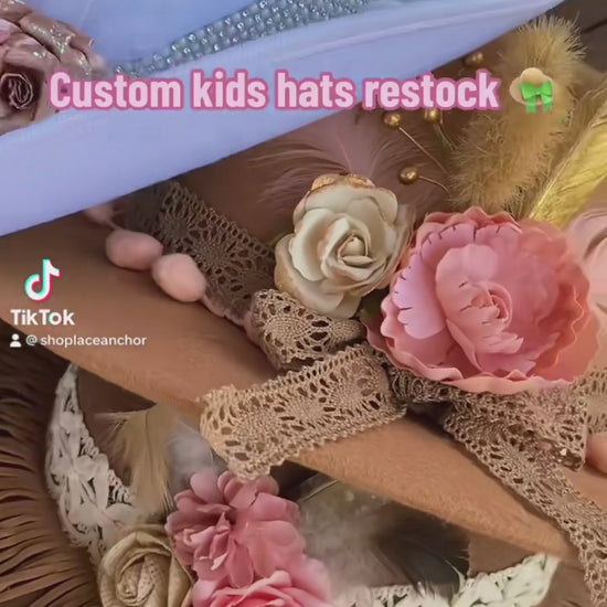 handmade toddler youth girls felt hat with handmade trims, fringe, pom poms, feathers, and flowers. Kids western boho flat brim hat.