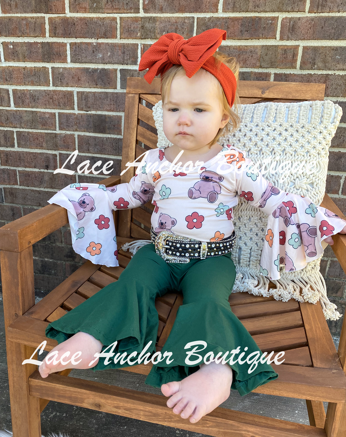 baby toddler girls handmade custom teddy bear and flower print bell sleeve long sleeve bodysuit top with brown tutu skirt outfit.