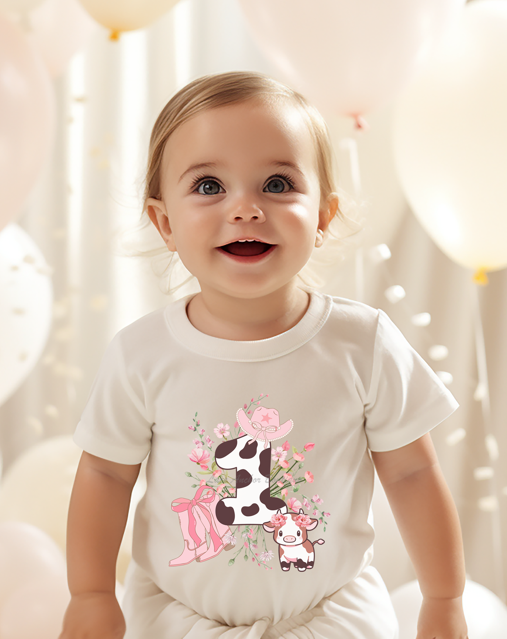 girly white western cow print 1st birthday tee shirt with bows and floral design