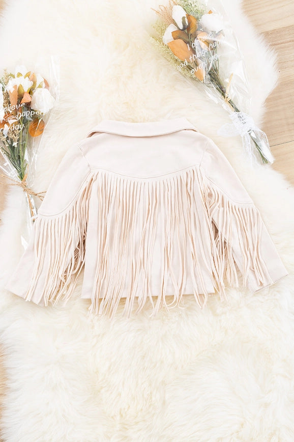 Toddler baby girls faux suede western jacket with fringe all over. Girl jacket in ivory /cream color.
