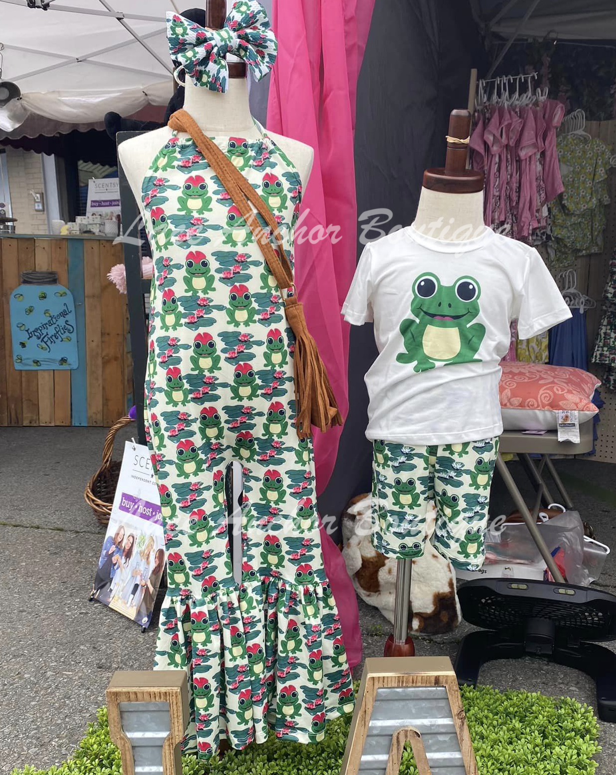 Girls Original Custom Green and Pink Frog Print Design Halter Neck Bell Bottom Jumpsuit