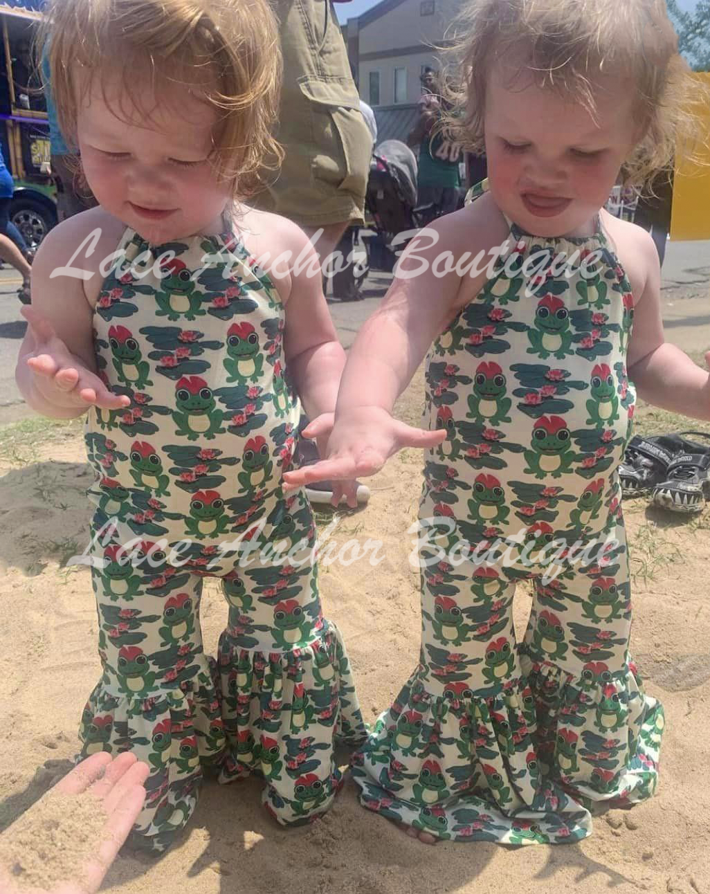 Girls Original Custom Green and Pink Frog Print Design Halter Neck Bell Bottom Jumpsuit on Children