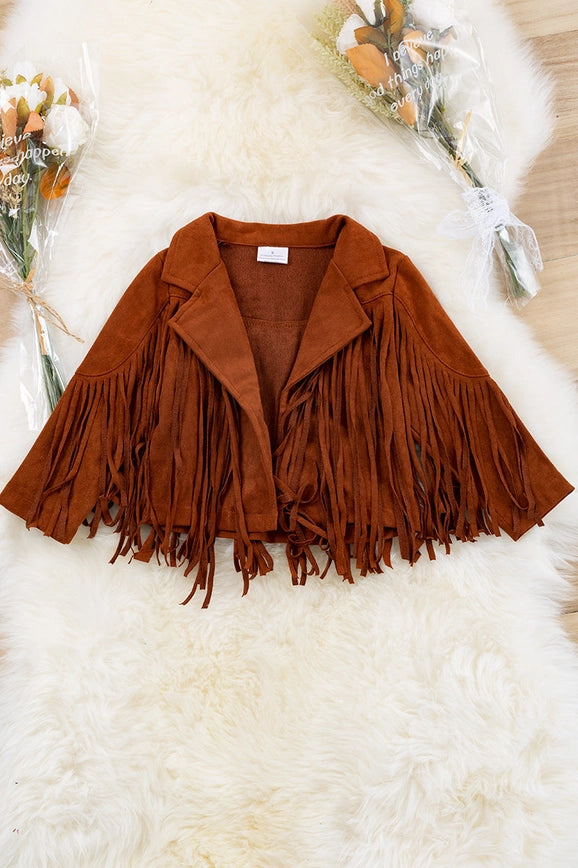 Toddler baby girls faux suede western jacket with fringe all over. Girl jacket in tan/rust color.
