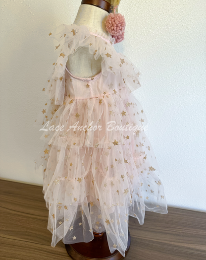 light blush pink ruffled layer tulle gold glitter star print dress with high neck. Princess toddler girls dress.