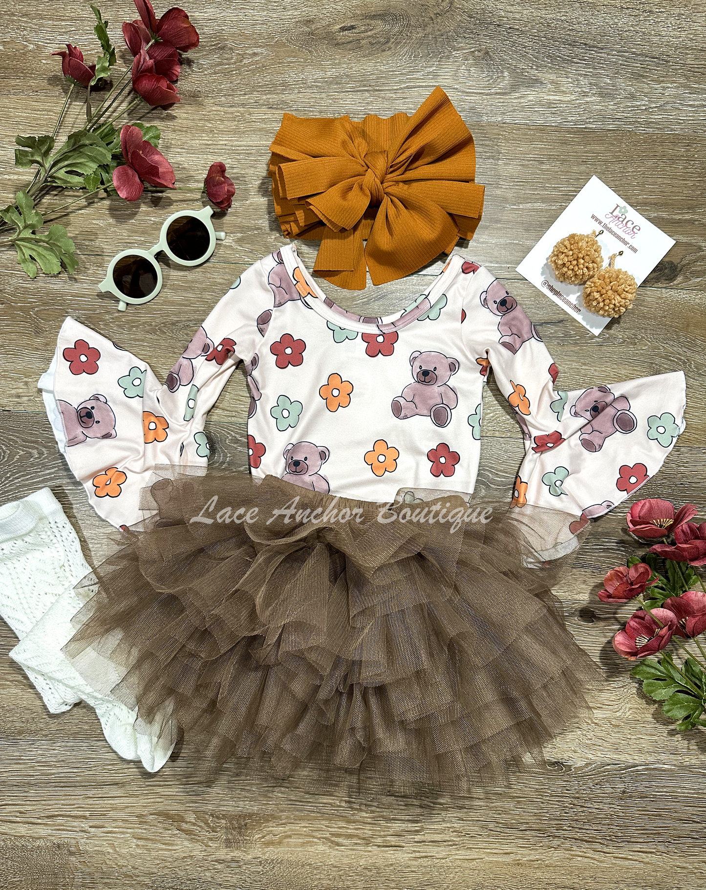 baby toddler girls handmade custom teddy bear and flower print bell sleeve long sleeve bodysuit top with brown tutu skirt outfit.