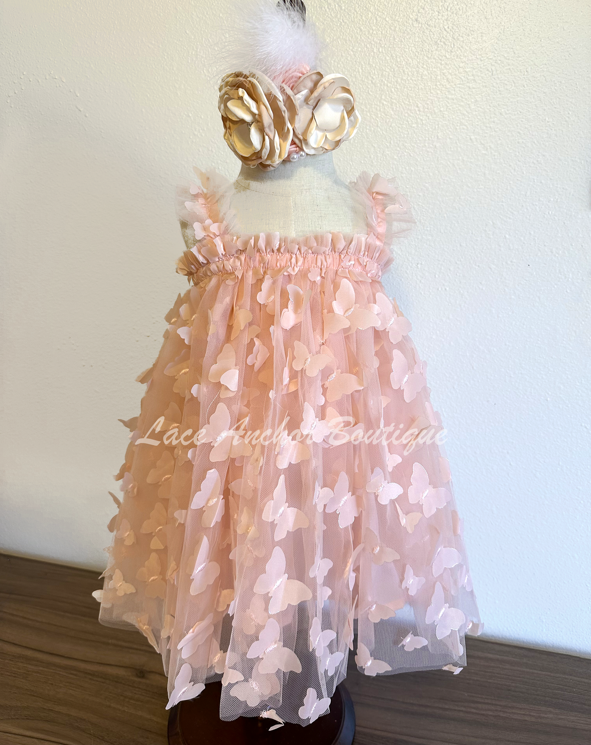 tulle girls dress with ruffled straps and embroidered butterflies all over. Toddler girl tutu dress in blush light pink