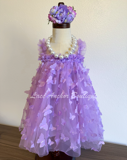 tulle girls dress with ruffled straps and embroidered butterflies all over. Toddler girl tutu dress in lilac purple..