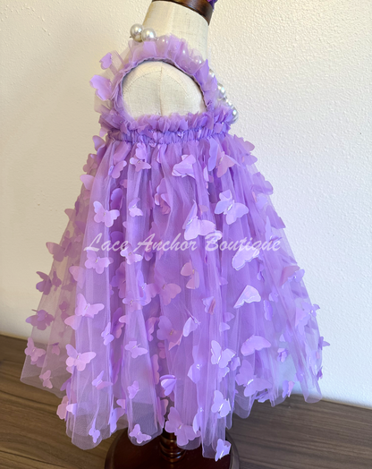 tulle girls dress with ruffled straps and embroidered butterflies all over. Toddler girl tutu dress in lilac purple.
