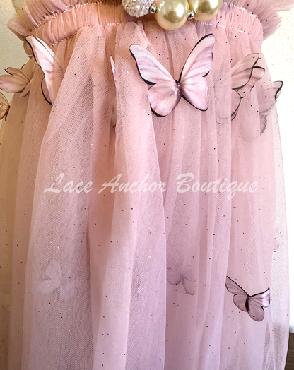 Mauve pink tulle girls dress with realistic butterflies and glitter fabric with ruffle straps