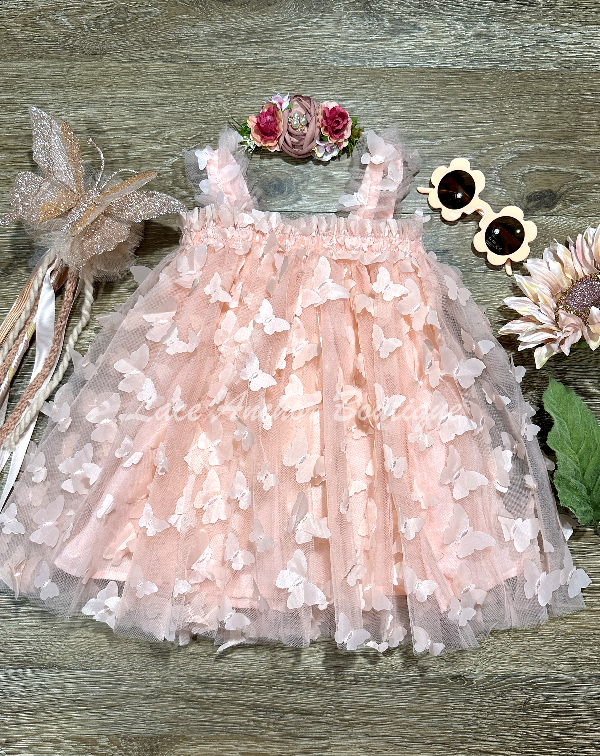 tulle girls dress with ruffled straps and embroidered butterflies all over. Toddler girl tutu dress in blush light pink