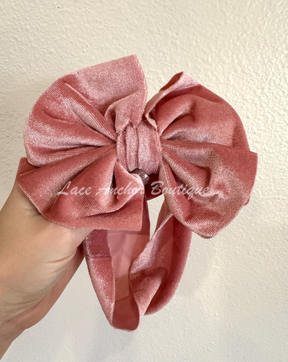 baby girls velvet bow headwrap headband in mauve rose pink