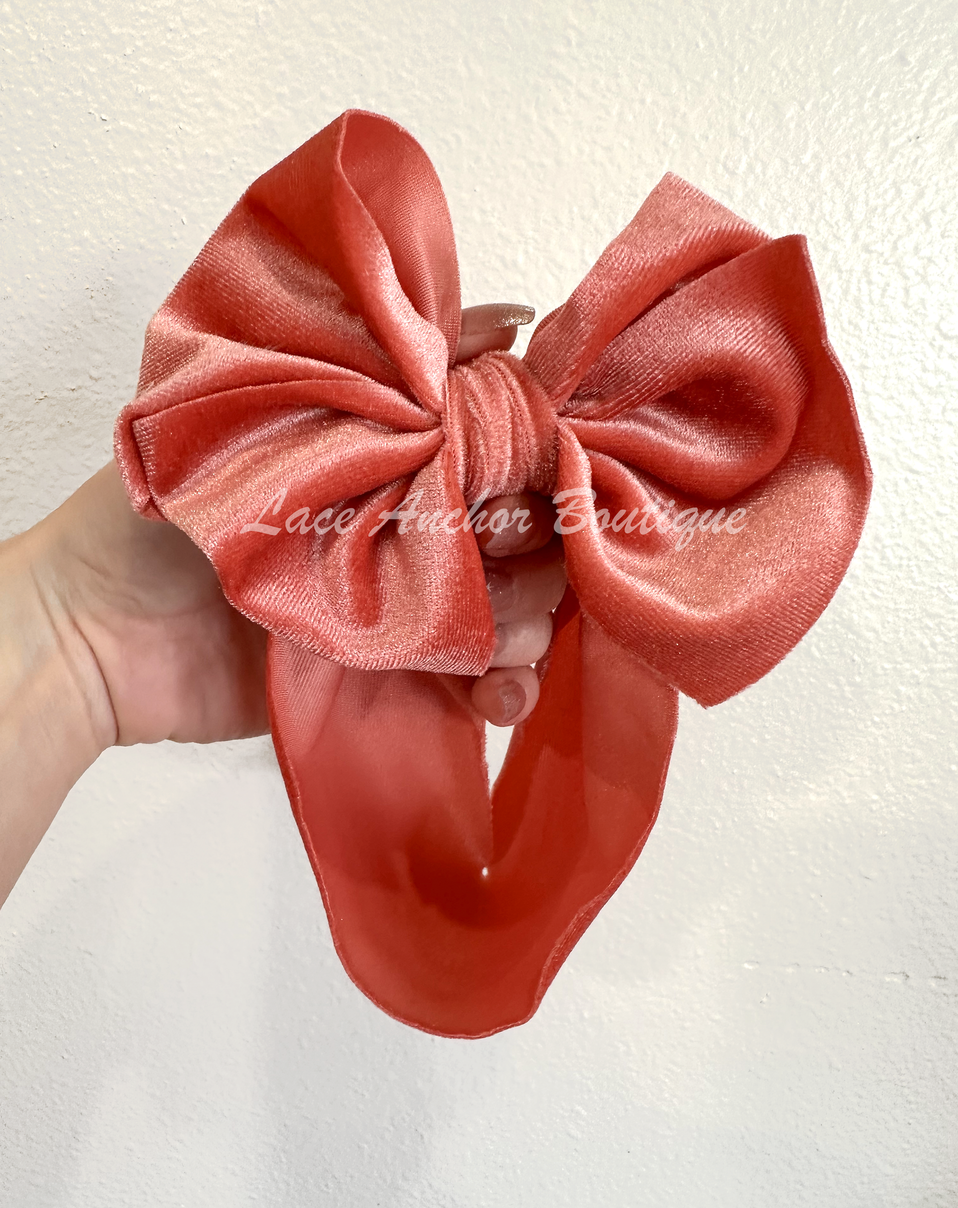 baby girls velvet bow headwrap headband in coral pink