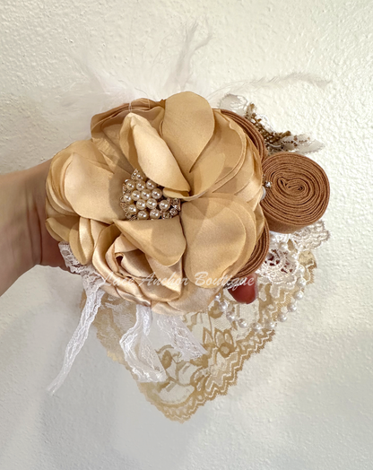 floral rhinestone, pearl, burlap, feather, and lace baby girls headband wrap. Flower girl elegant toddler hair bow in beige, tan, taupe, brown, nude.
