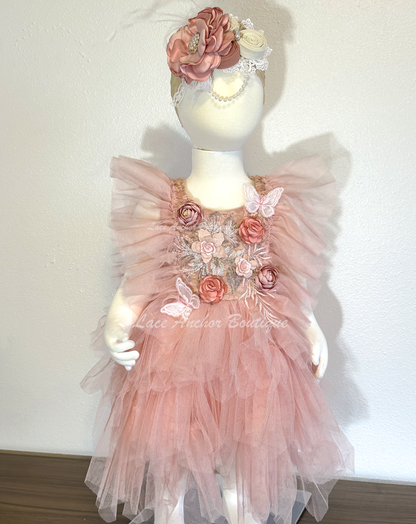 mauve pink lace, embroidery applique, silk flower, lace butterfly, and ruffled tulle short baby girls toddler dress