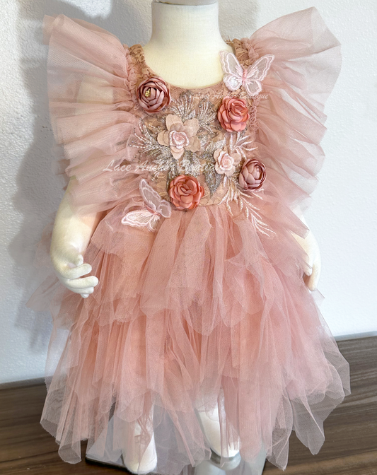 mauve pink lace, embroidery applique, silk flower, lace butterfly, and ruffled tulle short baby girls toddler dress