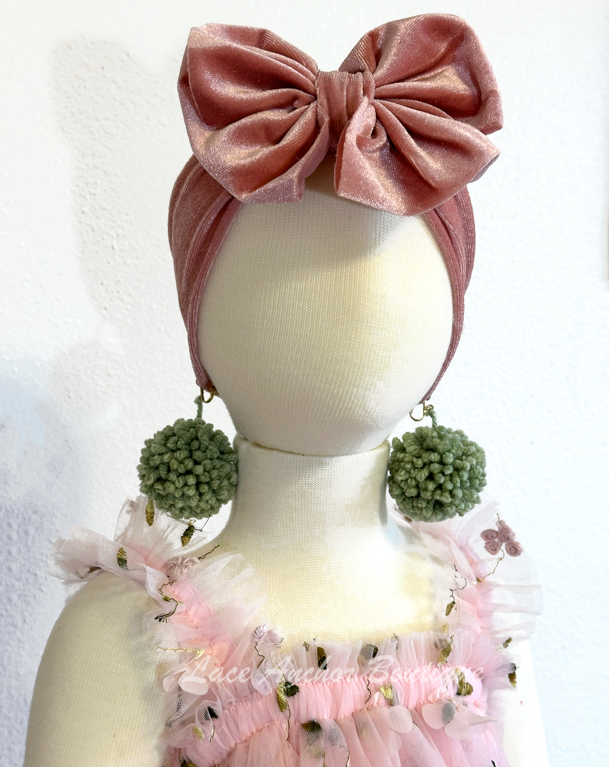 baby girls velvet bow headwrap headband in mauve rose pink
