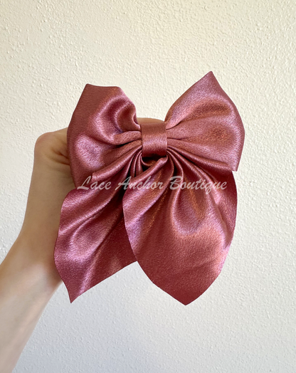 small mini girls silk silky sailor hair bow clips in mauve rose pink
