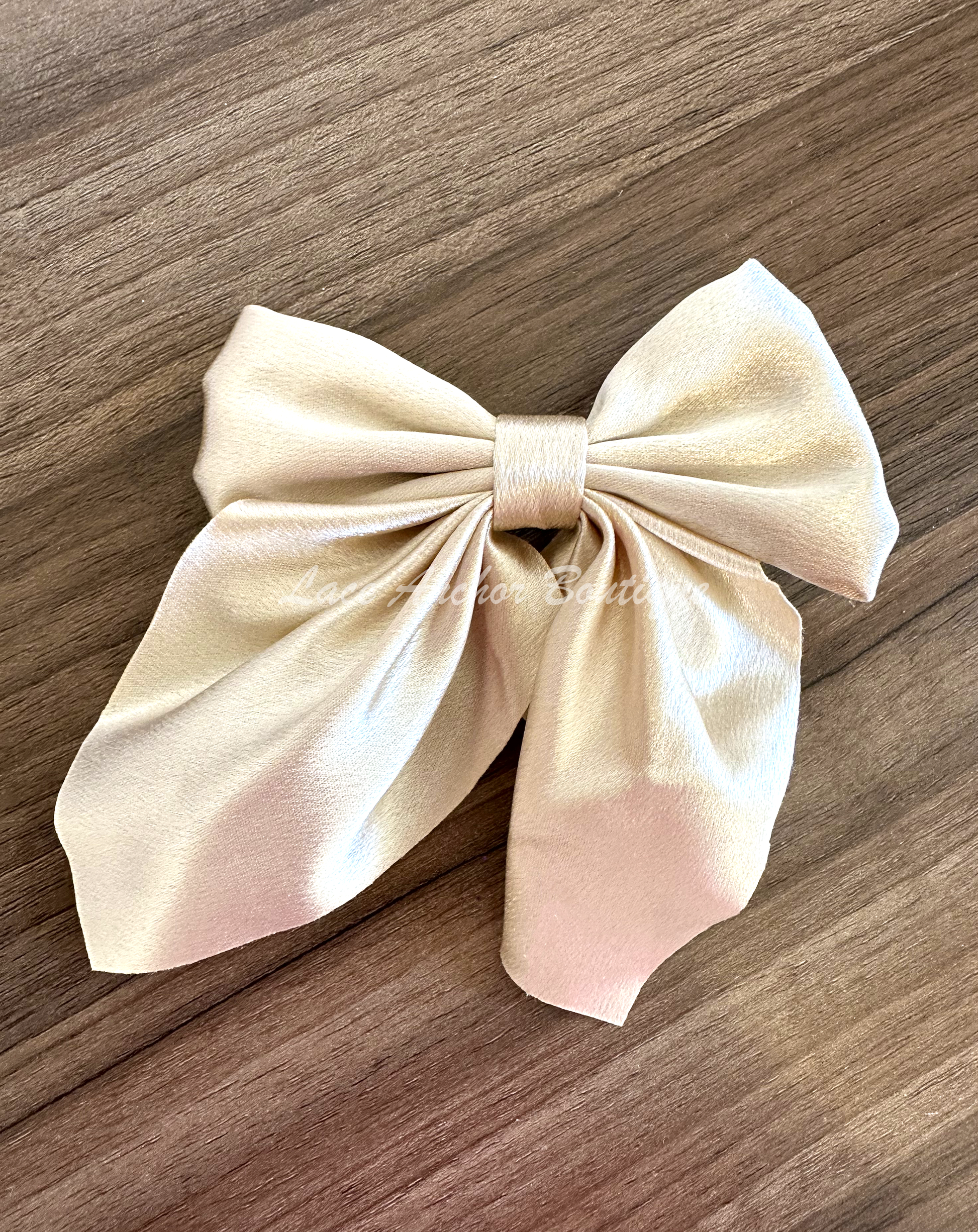small mini girls silk silky sailor hair bow clips in champagne beige