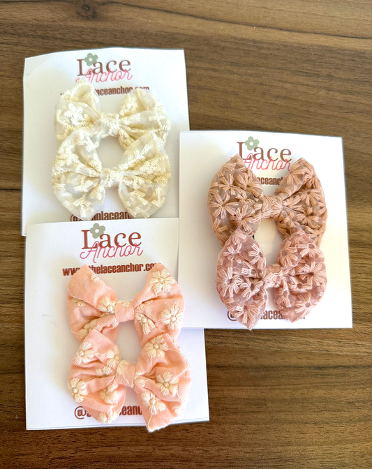 white, pink, mauve mini small lace clip piggie bows