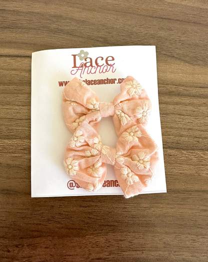 blush pink mini small lace clip piggie bows