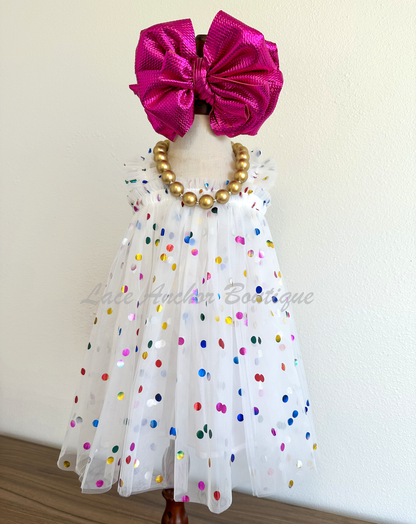 toddler baby girls white tulle sleeveless party dress with metallic rainbow colored dots 