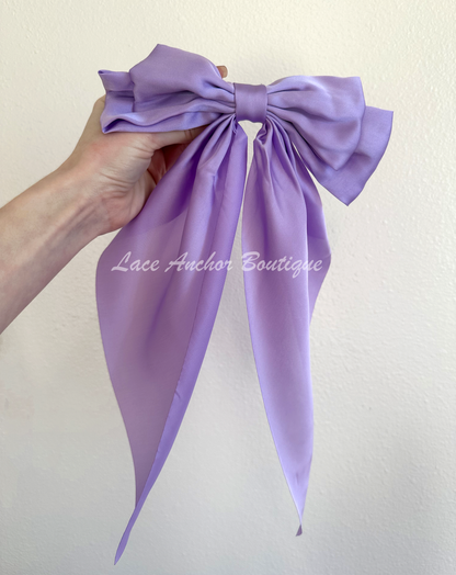 silk sikly sailor long tail girls hair bow in lilac purple