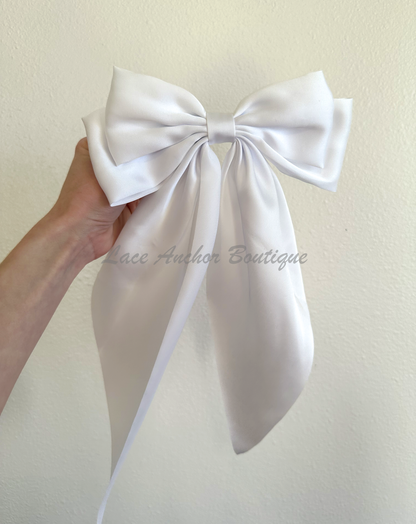 silk sikly sailor long tail girls hair bow in white