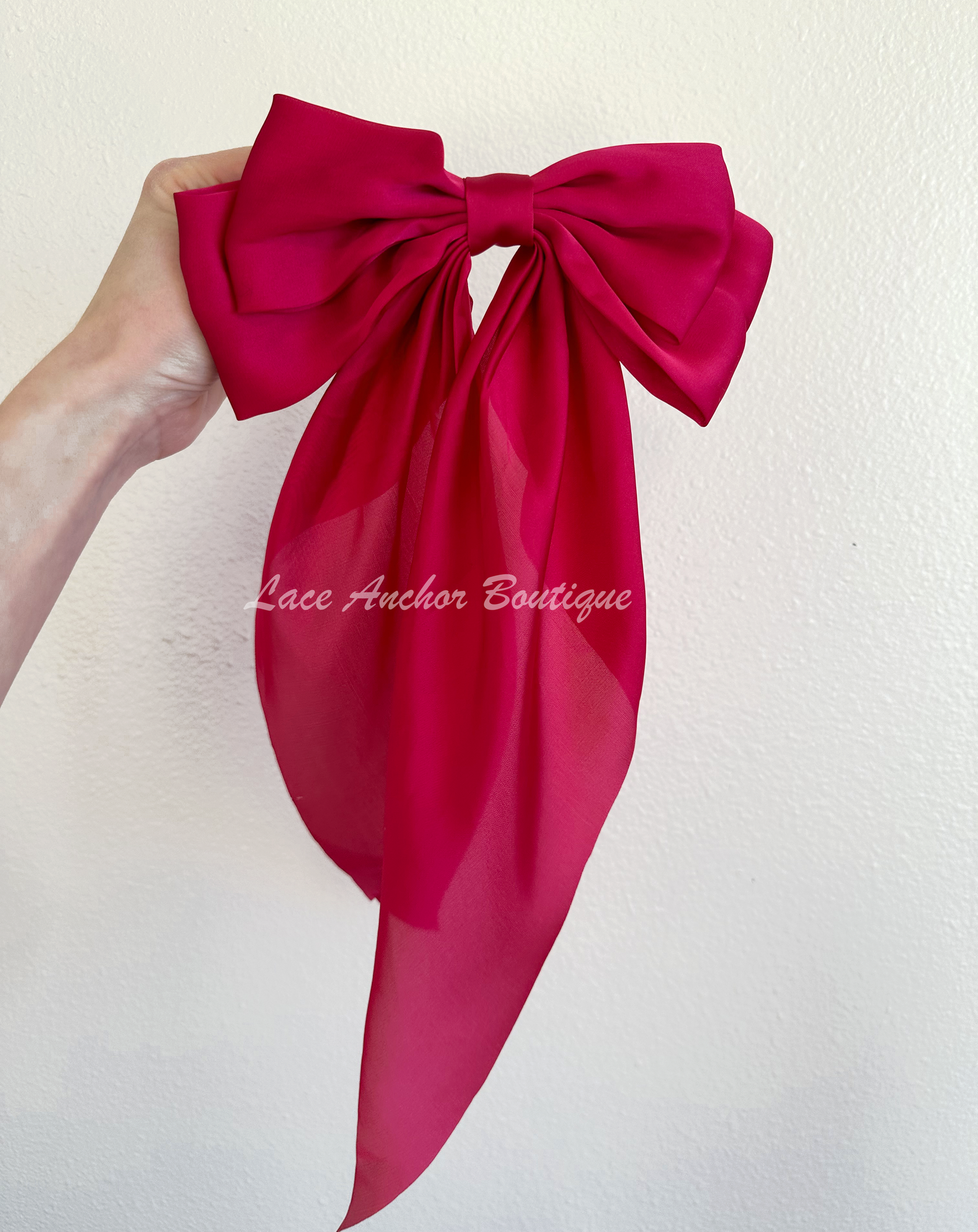 silk sikly sailor long tail girls hair bow in hot pink