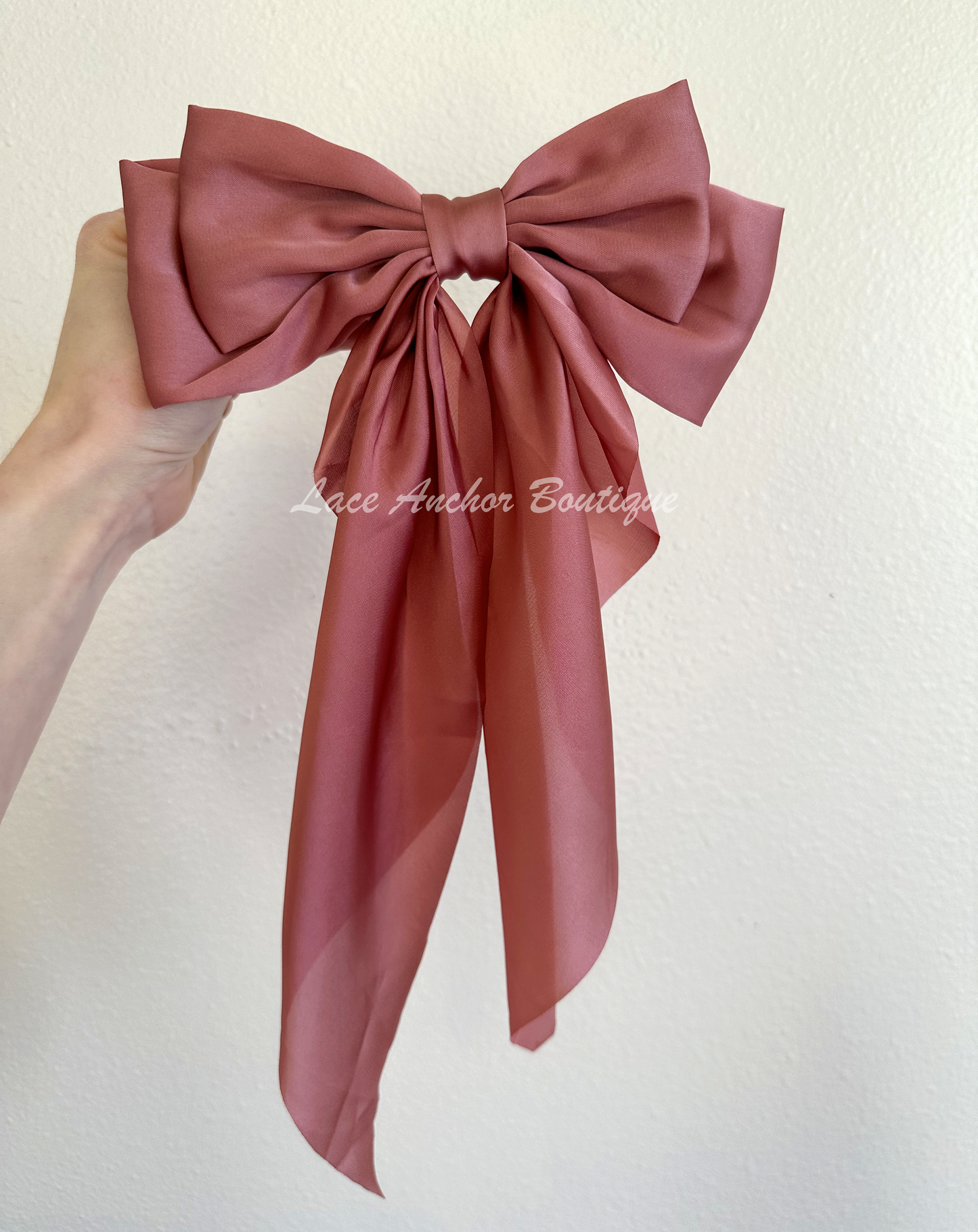 silk sikly sailor long tail girls hair bow in mauve rose pink