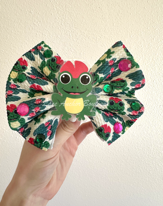 Frog Print Bling girls Hair Bow with hot pink and green rhinestonesand with girly bow wearingtoad frog center