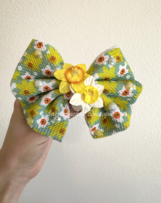 3D Jonquil Print Bling Hair Bow with white and yellow rhinestones
