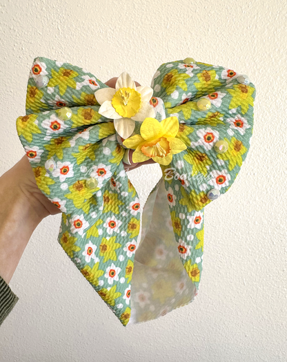 3D Jonquil Print Bling Hair Bow wrap with white and yellow rhinestones