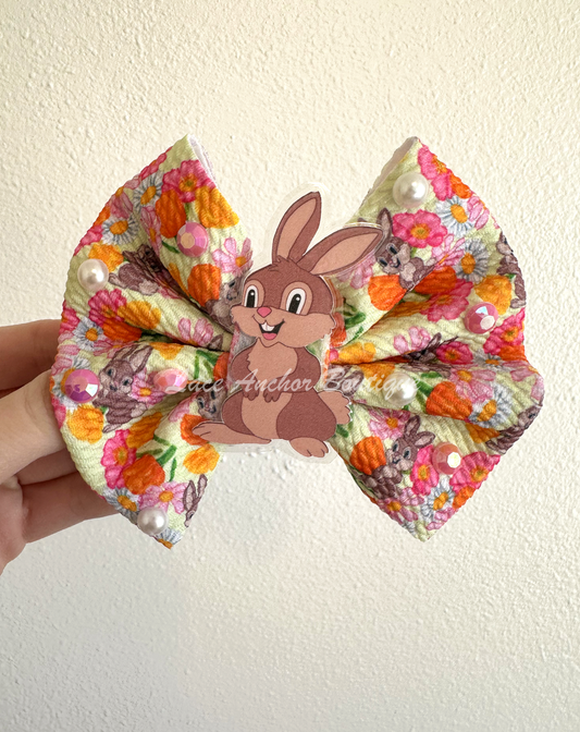 Spring floral Bunny Print Bling girls Hair Bow with rhinestones, pearls, and bunny center