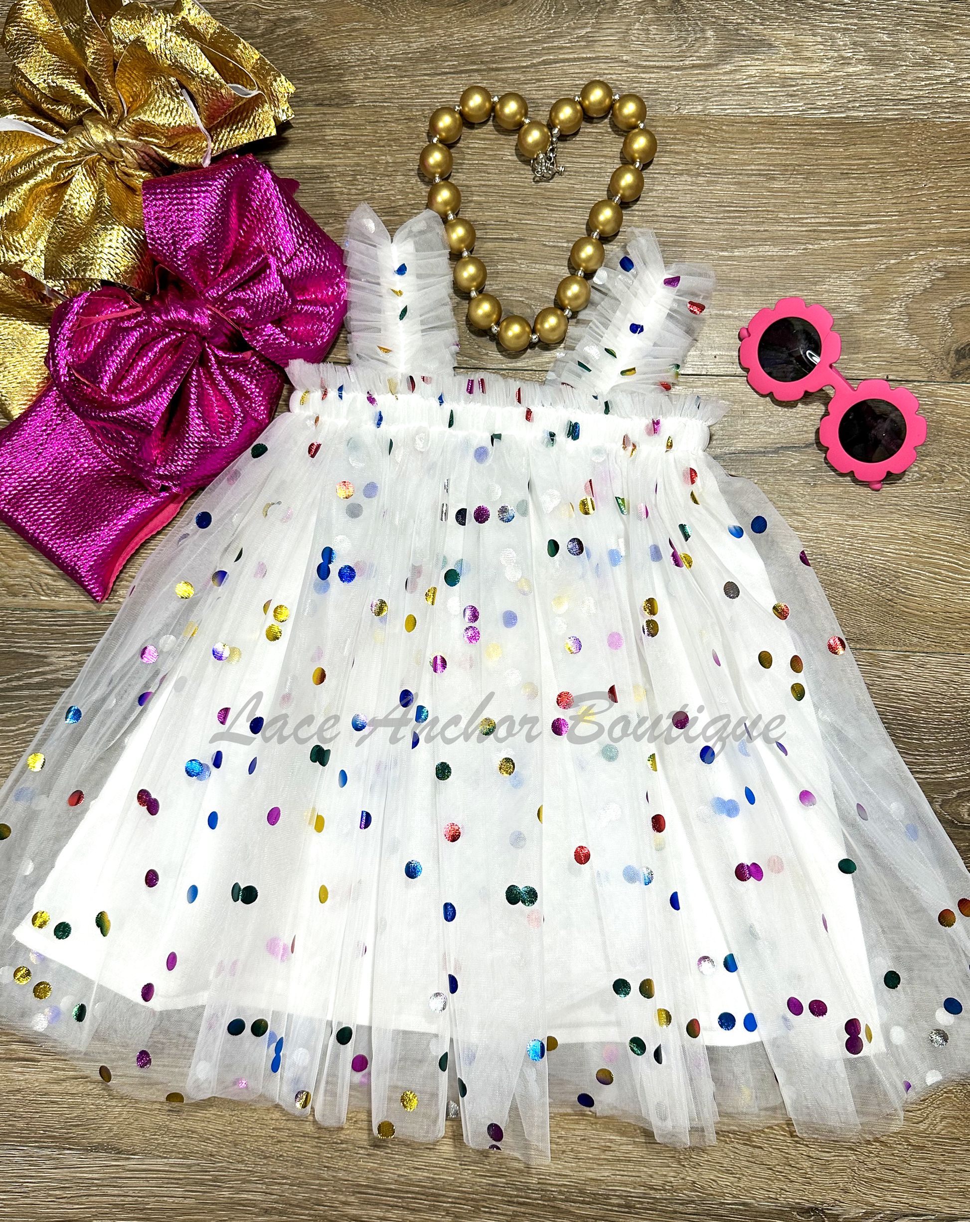 toddler baby girls white tulle sleeveless party dress with metallic rainbow colored dots