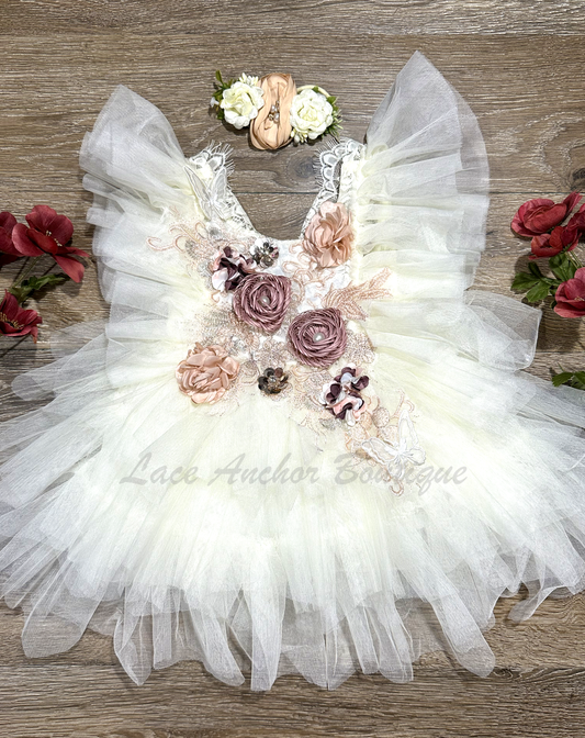 ivory cream lace, embroidery applique, silk flower, lace butterfly, and ruffled tulle short baby girls toddler dress