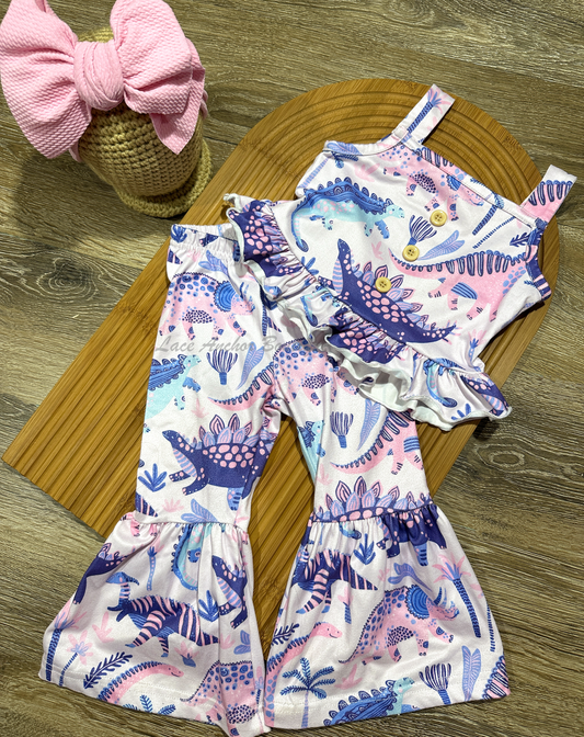 white, pink, teal, and purple dinosaur print baby girls set. Peplum tank and bell bottom pant outfit.