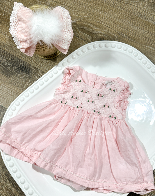 blush pink baby girls embroidered rose floral and lace dress romper.