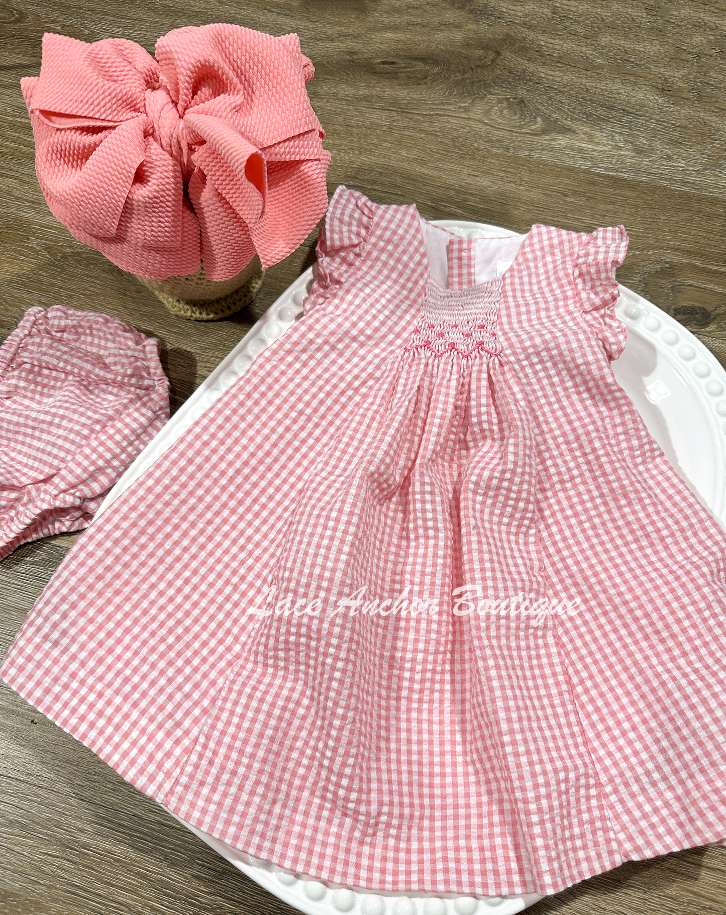 coral pink gingham seersucker baby girls smocked dress set with embroidery and smocking. 