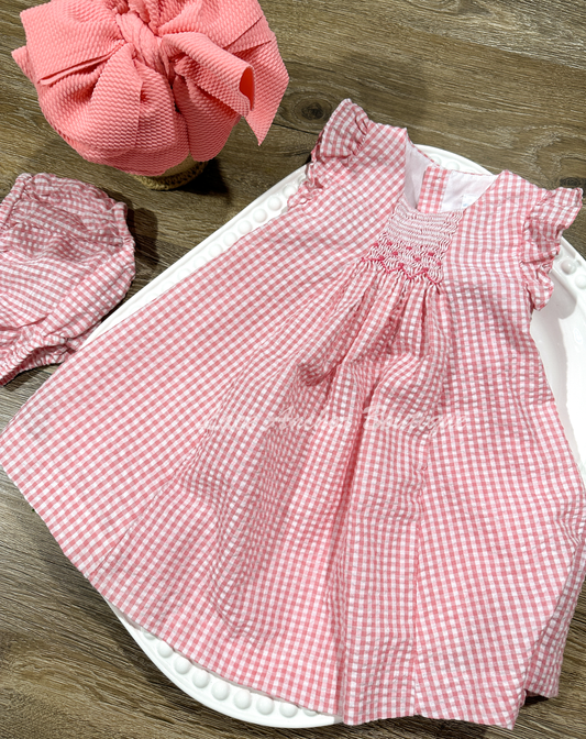coral pink gingham seersucker baby girls smocked dress set with embroidery and smocking. 